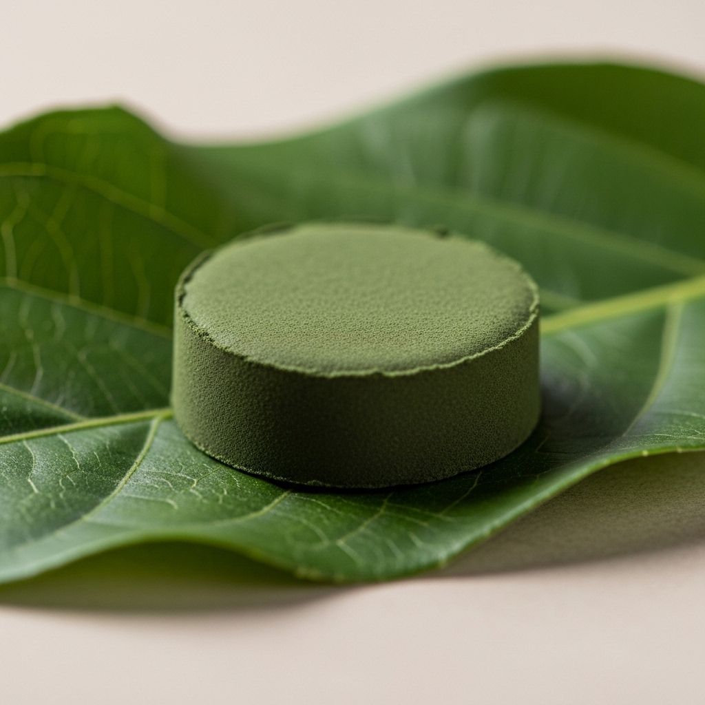 Dark green chlorella powder pressed into a small round mold resting on a green leaf against a neutral light beige background with soft diffused lighting