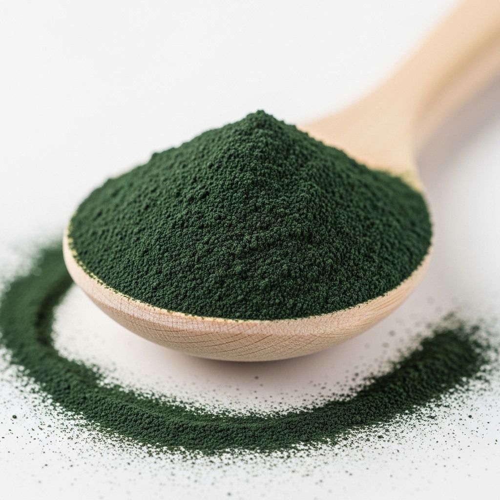 Spirulina powder displayed in a flat wooden spoon with scattered powder around it on a clean white background, showing its deep teal-green color and fine texture