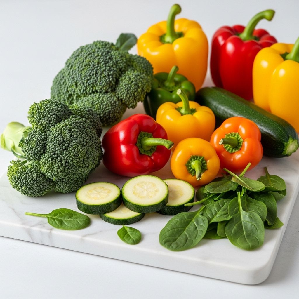 Assortment of colorful raw vegetables including broccoli, bell peppers, zucchini, and spinach leaves arranged on a white marble cutting board